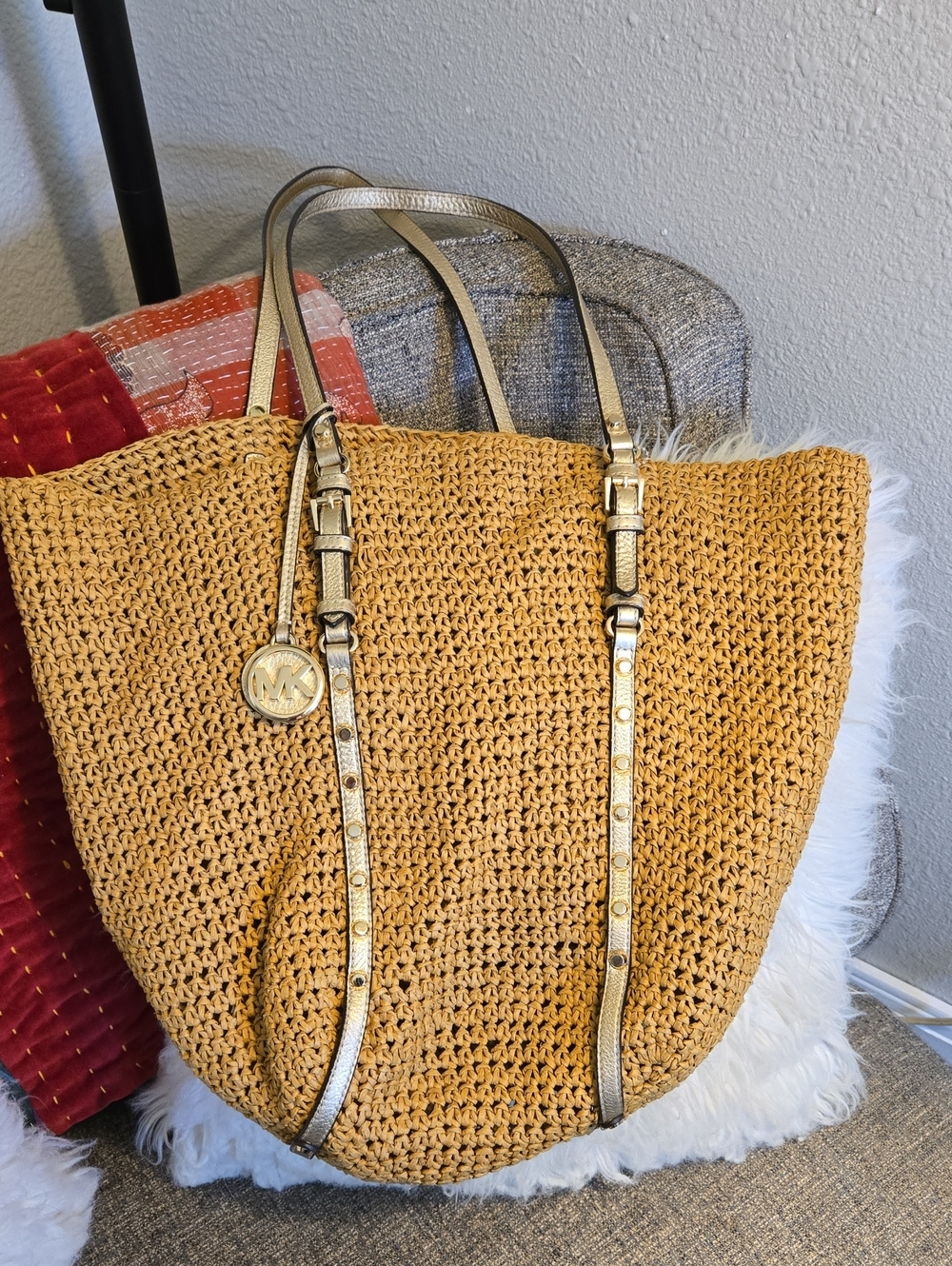 Michael Kors Tan Woven Tote with Gold Straps